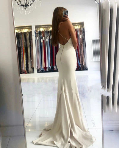 Simple style V-neck Mermaid Ivory Spaghetti Strap Evening Dress