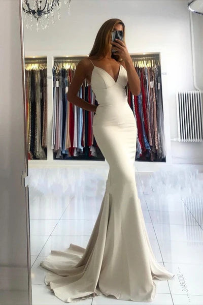 Simple style V-neck Mermaid Ivory Spaghetti Strap Evening Dress