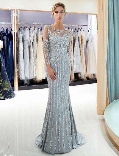 Charming Evening Dresses Long Sleeve Light Grey Mermaid Beading Illusion Luxury Formal Gowns