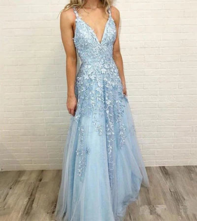 Sky Blue Lace Prom Dresses Deep V-neck A Line Long Party Elegant Floor Length Women Evening Gowns