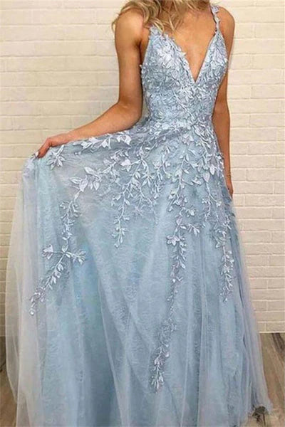 Sky Blue Lace Prom Dresses Deep V-neck A Line Long Party Elegant Floor Length Women Evening Gowns