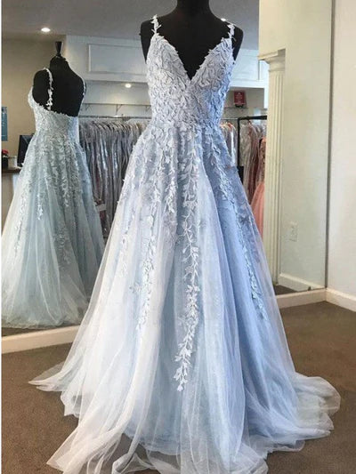 Sky Blue Lace Prom Dresses Deep V-neck A Line Long Party Elegant Floor Length Women Evening Gowns