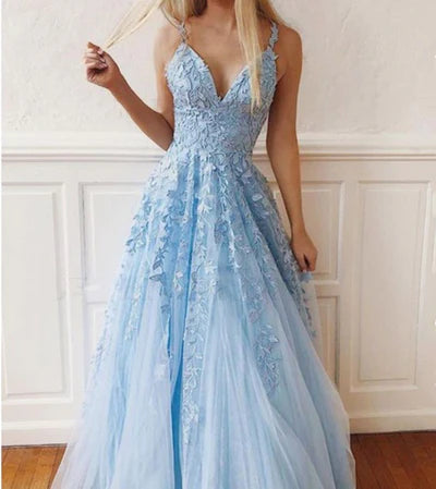 Sky Blue Lace Prom Dresses Deep V-neck A Line Long Party Elegant Floor Length Women Evening Gowns