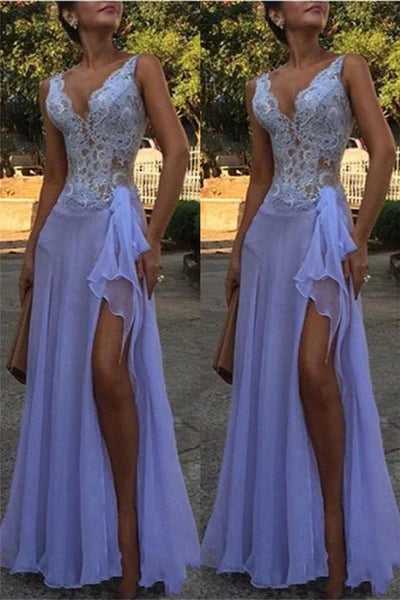 Chic See Through V-Neck Evening Dresses A-Line Sleeveless Lace Ball Dress