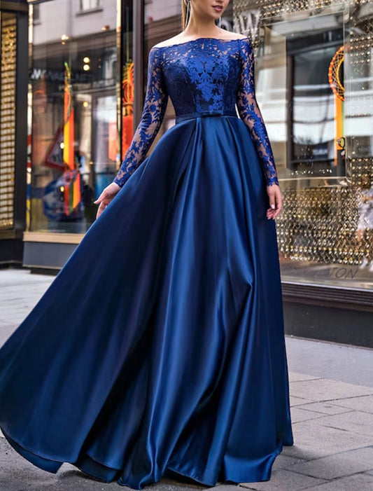 A-Line Evening Gown Wedding Guest Floor Length Long Sleeve Off Shoulder Belt / Sash Satin with Appliques