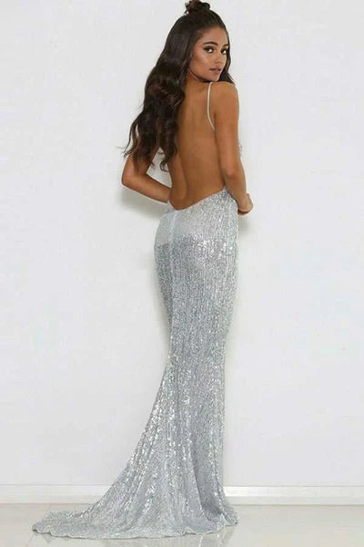 Mermaid Deep V-neck Spaghetti Strap Floor Length Backless Paillette Evening Dress