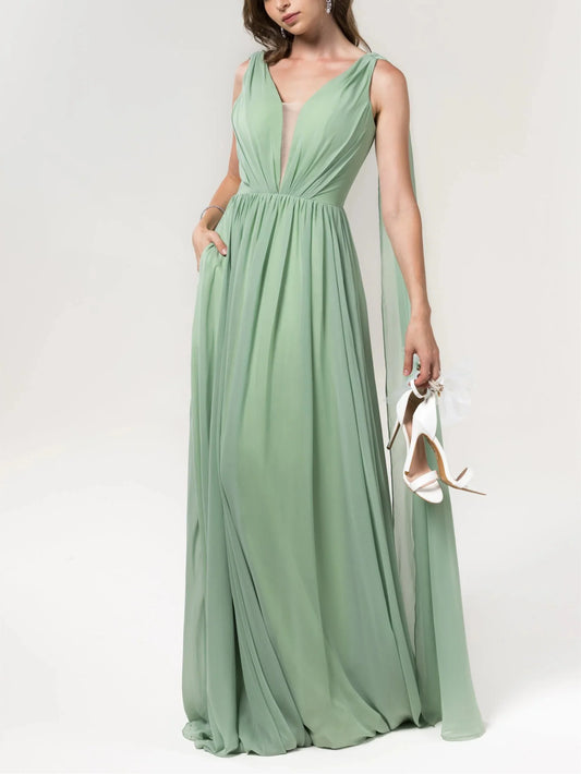 A-Line V-Neck Floor-Length Chiffon Bridesmaid Dress Wedding Guest Dresses