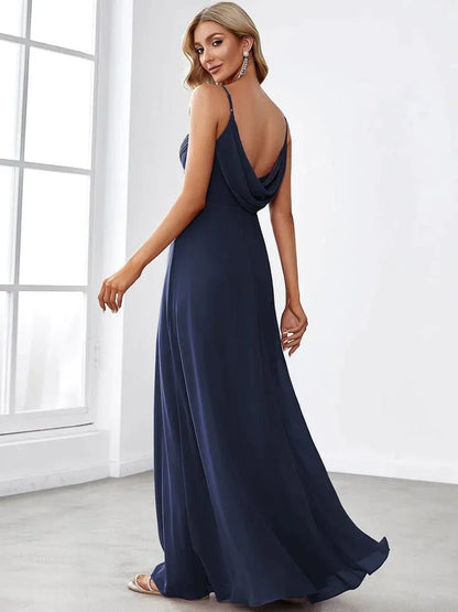 Elegant cross front cowl back dress in navy wide