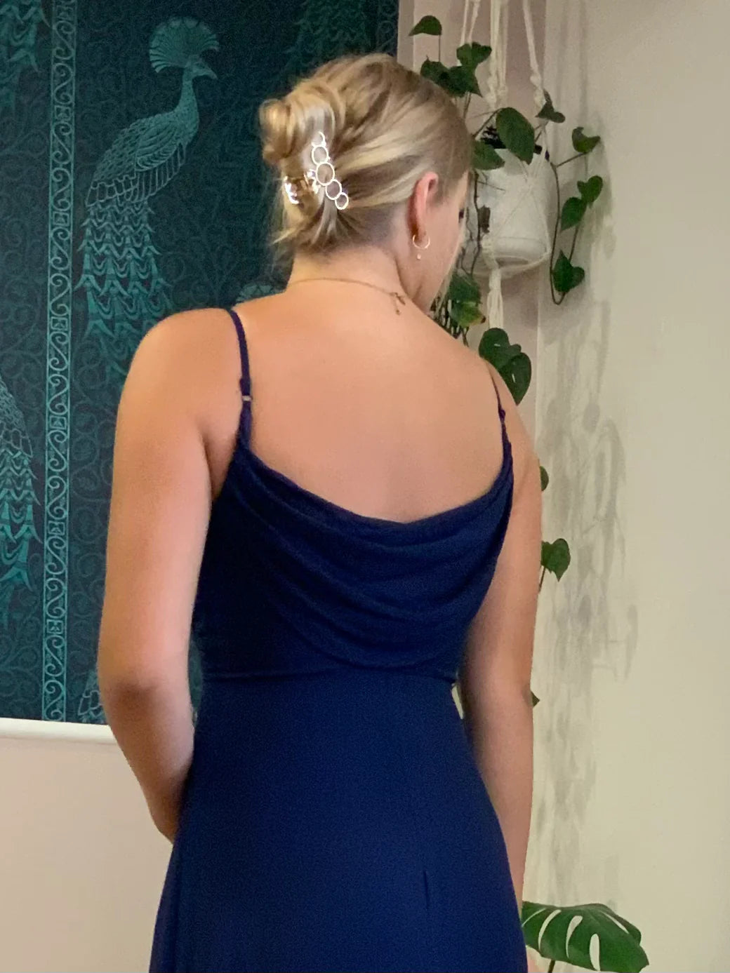 Elegant cross front cowl back dress in navy wide