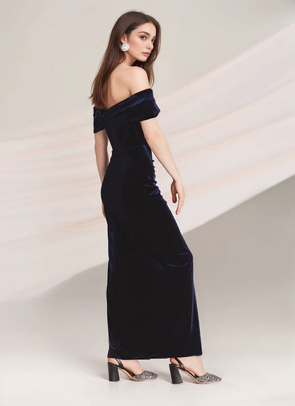 Designer Off-the-shoulder Ruched Sheath Velvet Prom Dress thigh Slit