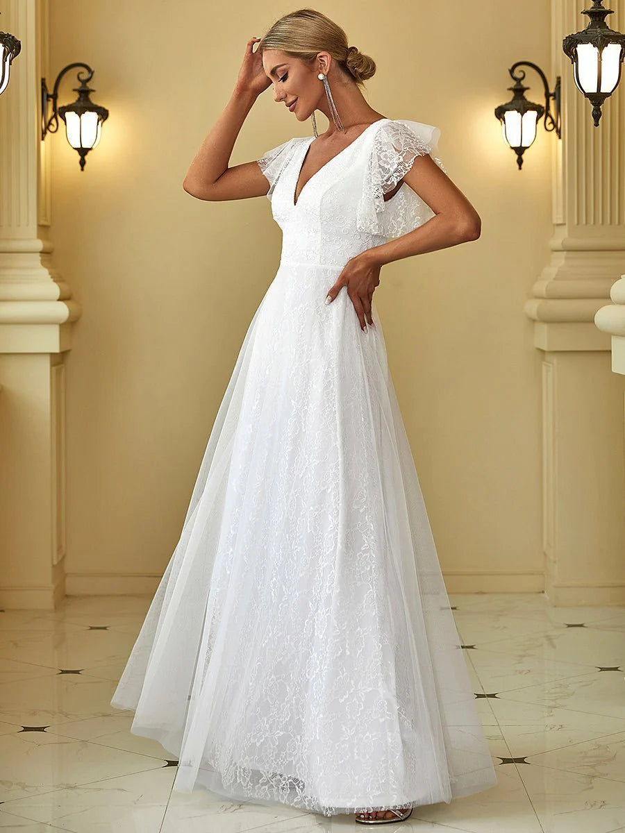 Lace tulle wedding dress with flutter sleeves in Ivory wide