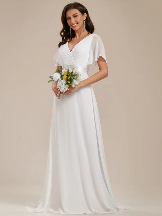 Flutter sleeve white chiffon wedding dress wide