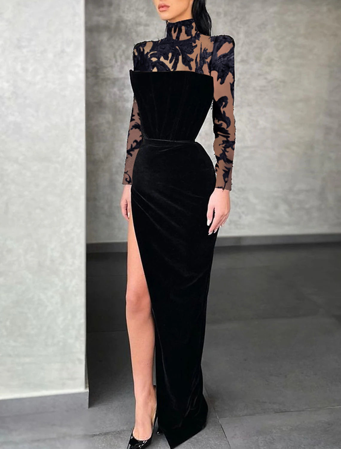 Sheath / Column Evening Gown Long Sleeve High Neck Lace with Slit