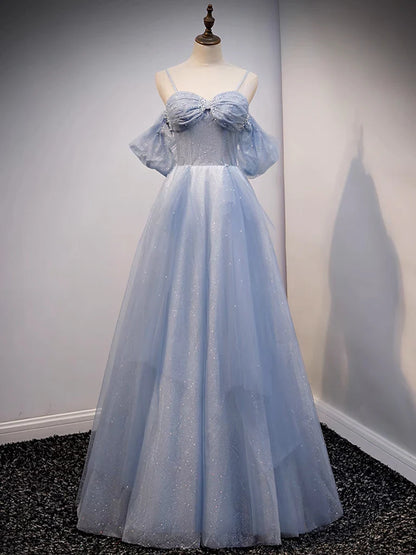 Glitter A-Line Princess Off Shoulder Tulle Gray Blue Long Prom Dress