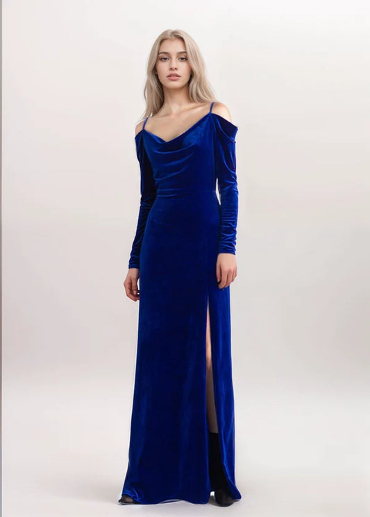 Off-the-shoulder Long Sleeves sheath Velvet Prom Dress Side slit