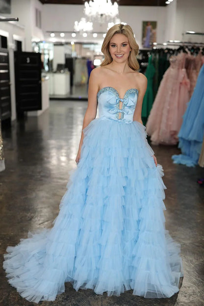 Light Blue Sweetheart Tiered Tulle Long Prom Dresses