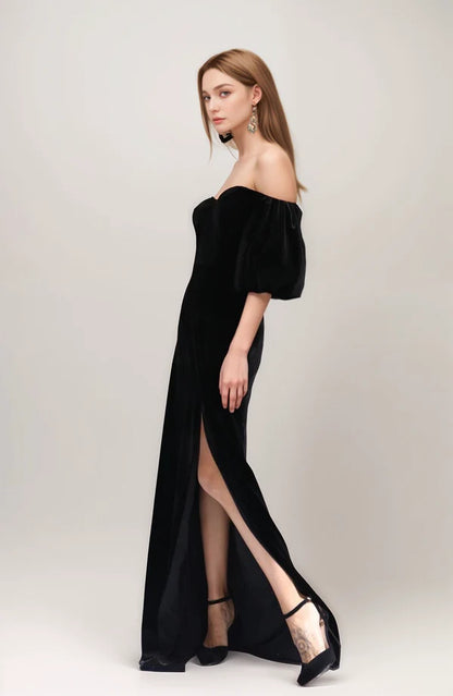 Sexy Puff 3/4 sleeves off-the-shoulder sheath thigh slit Velvet Dress