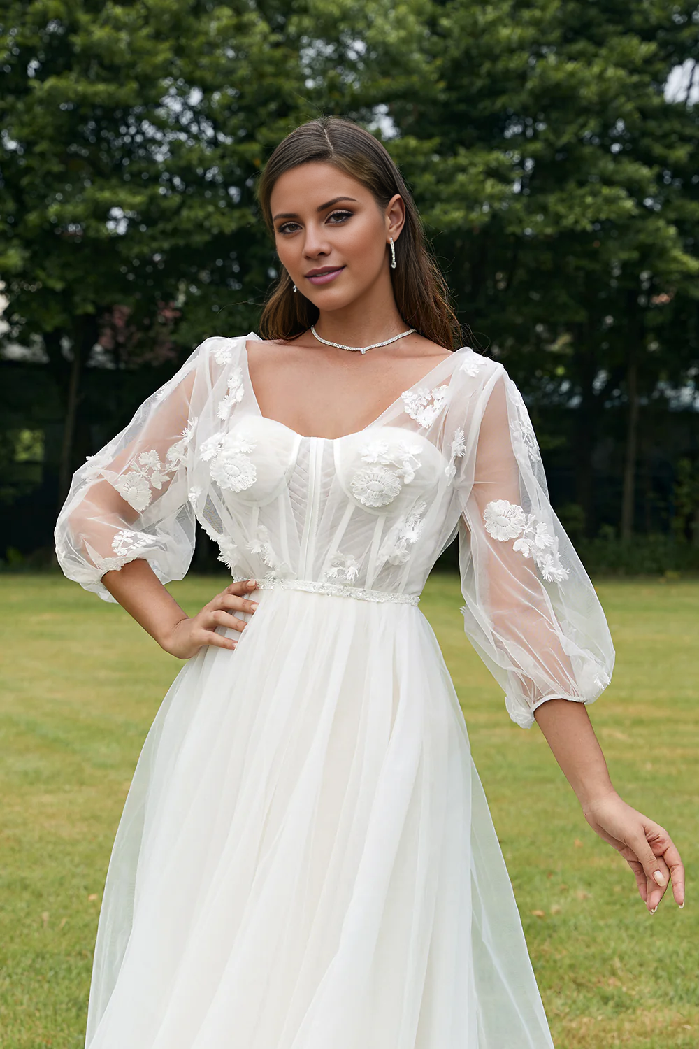 Ivory Puff Sleeves Corset Wedding Dress with 3D Flowers Sweep/Brush Train Dresses
