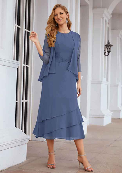 A-line Bateau Tea-Length Chiffon Mother of the Bride Dress With Pleated and Jacket