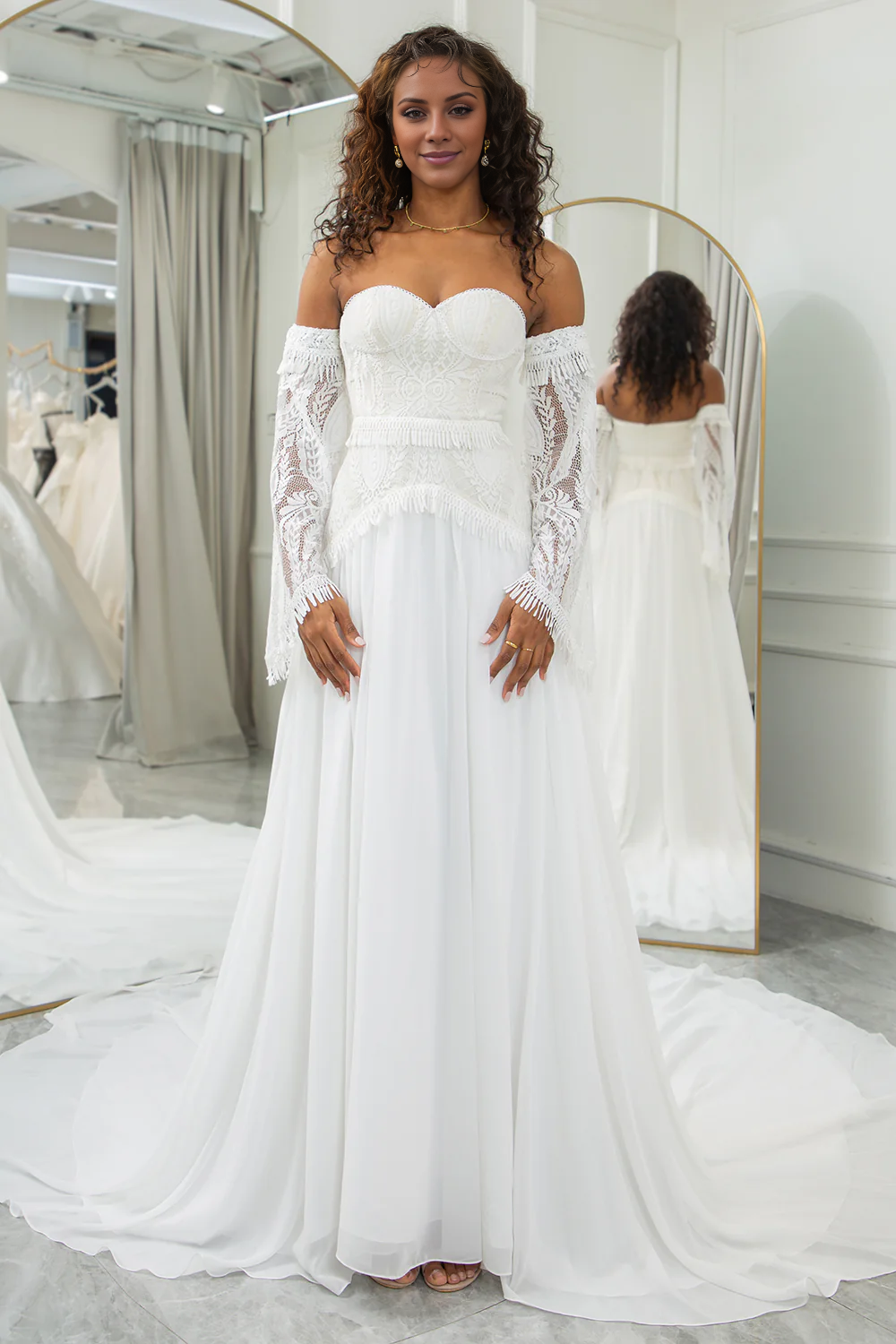 Ivory Sweetheart Detachable Flare Sleeves Boho Wedding Dress