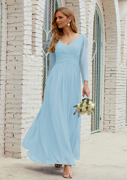 A-line V Neck Full/Long Sleeve Ankle-Length Chiffon Mother of the Bride Dress With Pleated