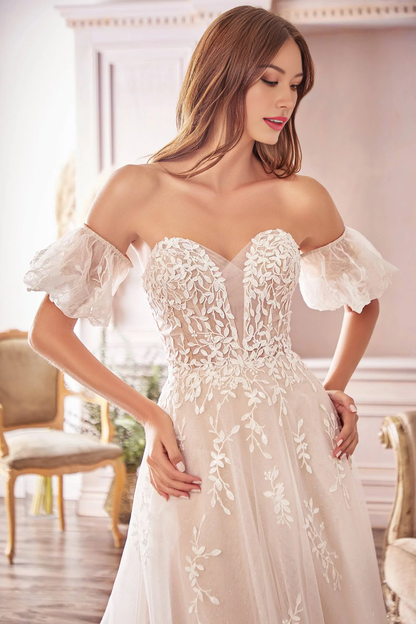 Off Shoulder Floral Lace Wedding Dress A-Line Gown with Flowing Train Removable Sleeve