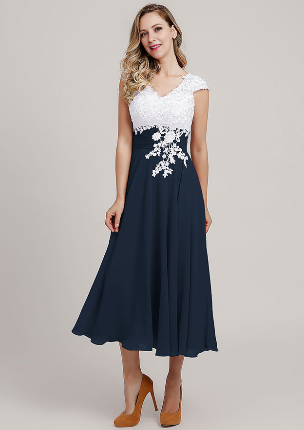 Chiffon Mother of the Bride Dress A-line/Princess V Neck Short Sleeve Tea-Length With Lace