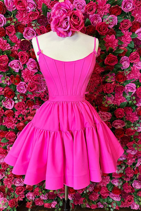 Hot Pink A-line Ruffled Lace-Up Homecoming Dress