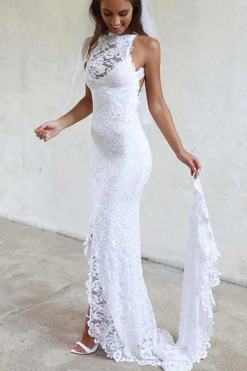 Sexy Mermaid Jewel Lace Backless Beach Wedding Dresses With Court Train