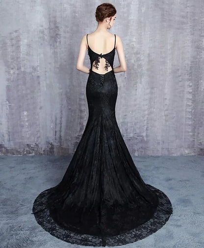 Mermaid Black Straps Long Formal Dress Evening Dress Prom Dress With Sweep Train