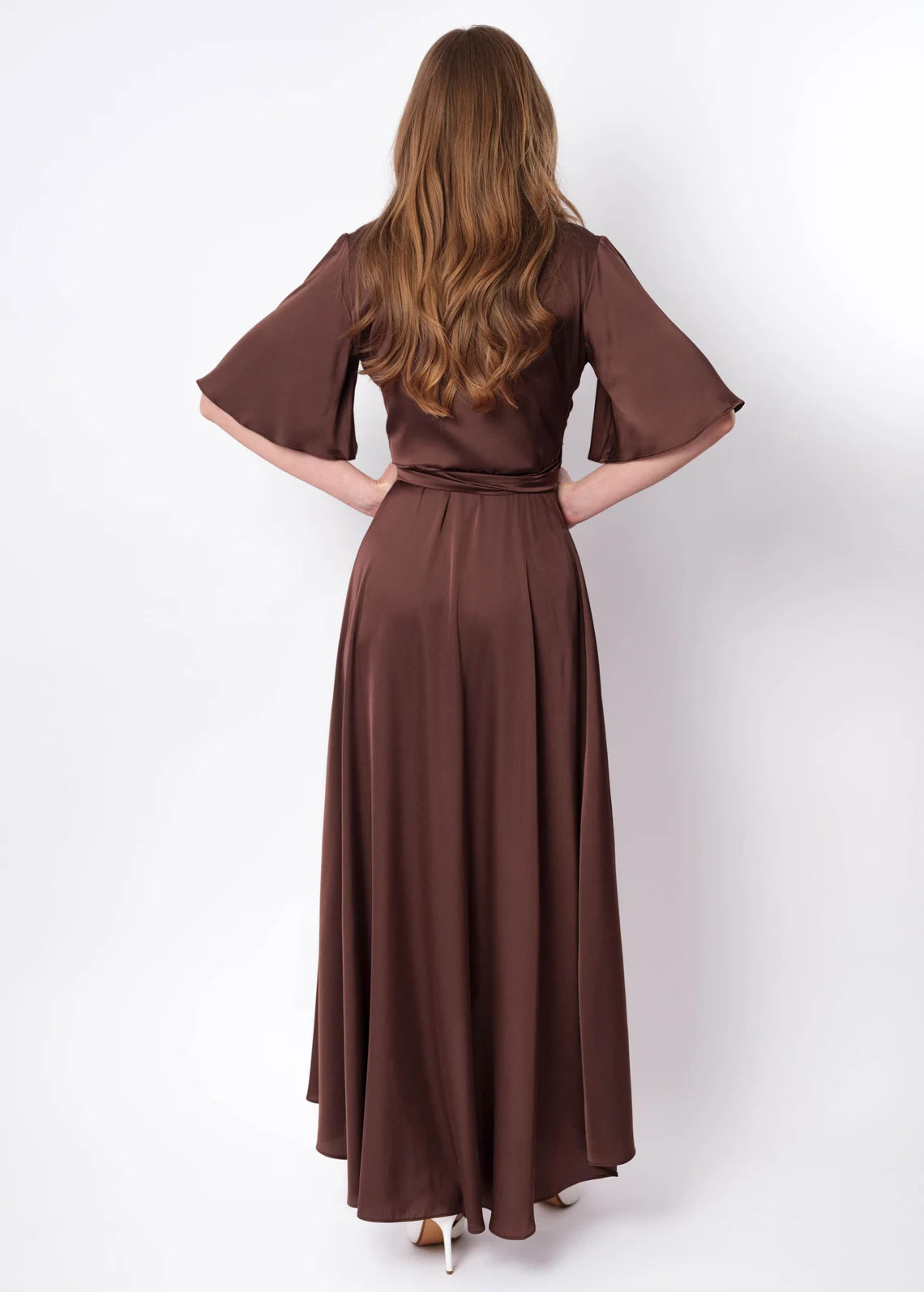 Choсolate Brown V-Neck Silk Dress Wrap Dress Bridesmaid Dress Wedding Guest Dress