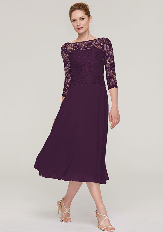 A-line/Princess Bateau 3/4 Sleeve Tea-Length Chiffon Mother of the Bride Dress With Beading Lace