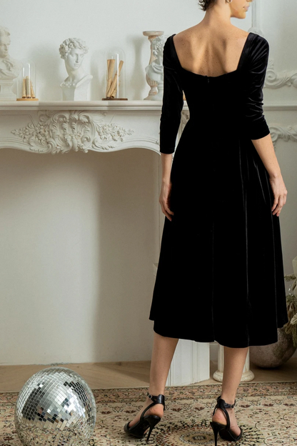 Wedding Guest Velvet Winter Vintage Dress Formal Cocktail Dress Long Sleeve Full Skirt Dress