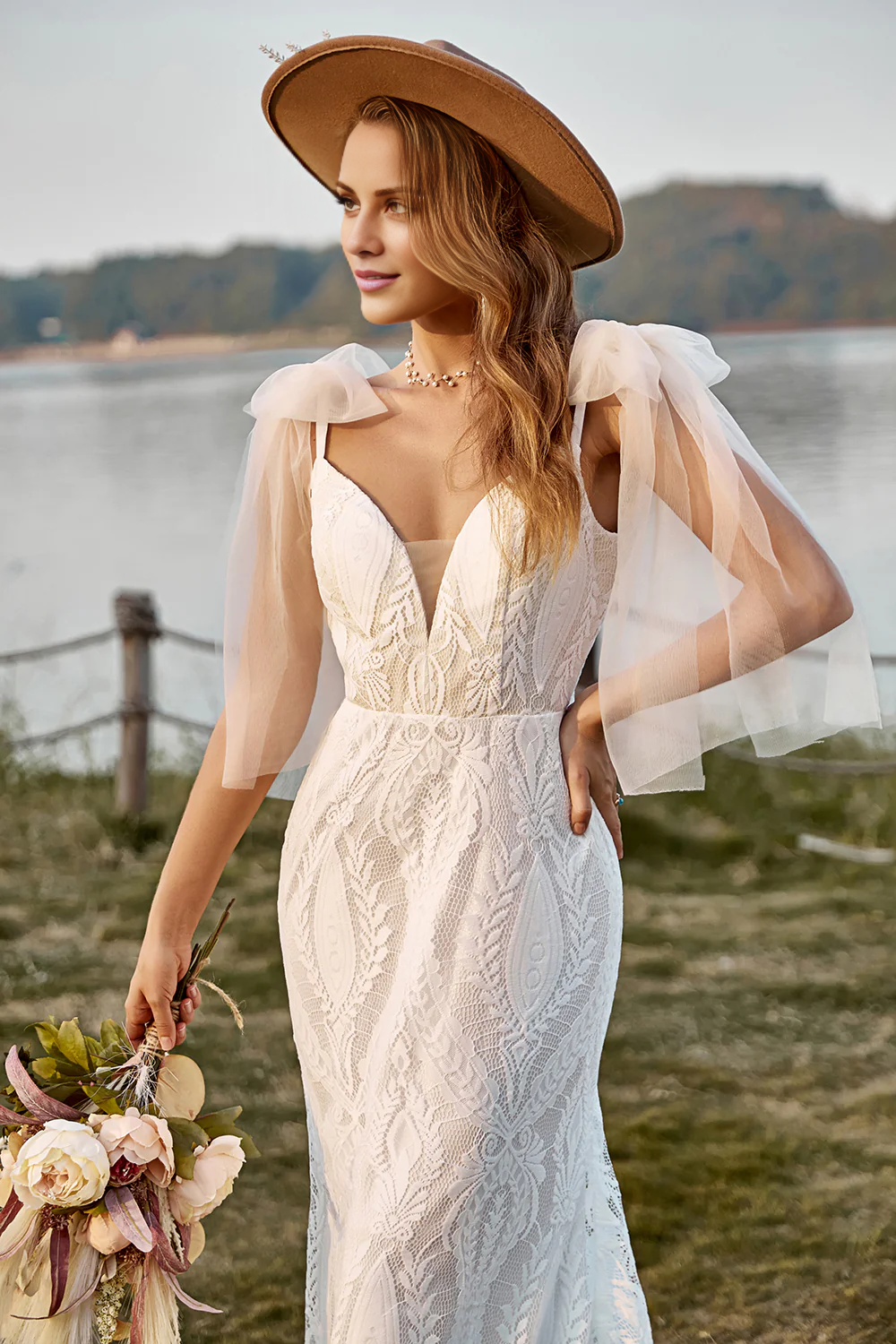 Ivory Mermaid Lace Sweep Train Dress Boho Wedding Dress With Bowknots