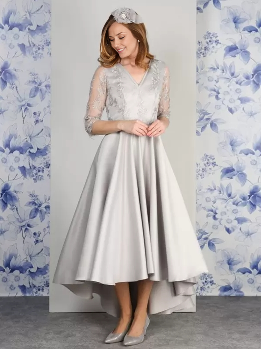 V-Neck 3/4 Length Sleeves A-Line Lace Tea-Length Wedding Guest Dresses Mother of the Bride Dresse