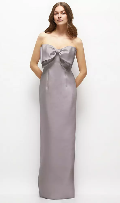 Strapless Satin Column Maxi Dress with Oversized Handcrafted Bow Long Bridesmaid Dresses