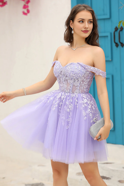 Lilac Corset Straps A-Line Short Lace Tulle Party Dress Homecoming Dress