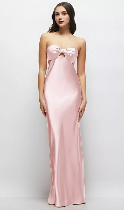 Strapless Bow-Bandeau Cutout Satin Maxi Slip Dress Long Bridesmaid Dresses Wedding Guest Dresses