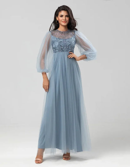 A Line Jewel Neck Grey Blue Long with Long Sleeves Bridesmaid Dress