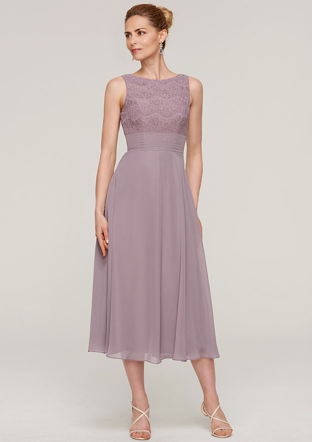 A-line/Princess Scoop Neck Sleeveless Tea-Length Chiffon Mother of the Bride Dress With Lace Jacket