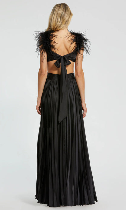 Feather Detailed V-Neck Evening Dress