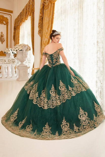 Emerald Gold Layered Lace Quince Ball Gown Princess Dress Floor Length Sleeveless Off Shoulder with Gold Appliques