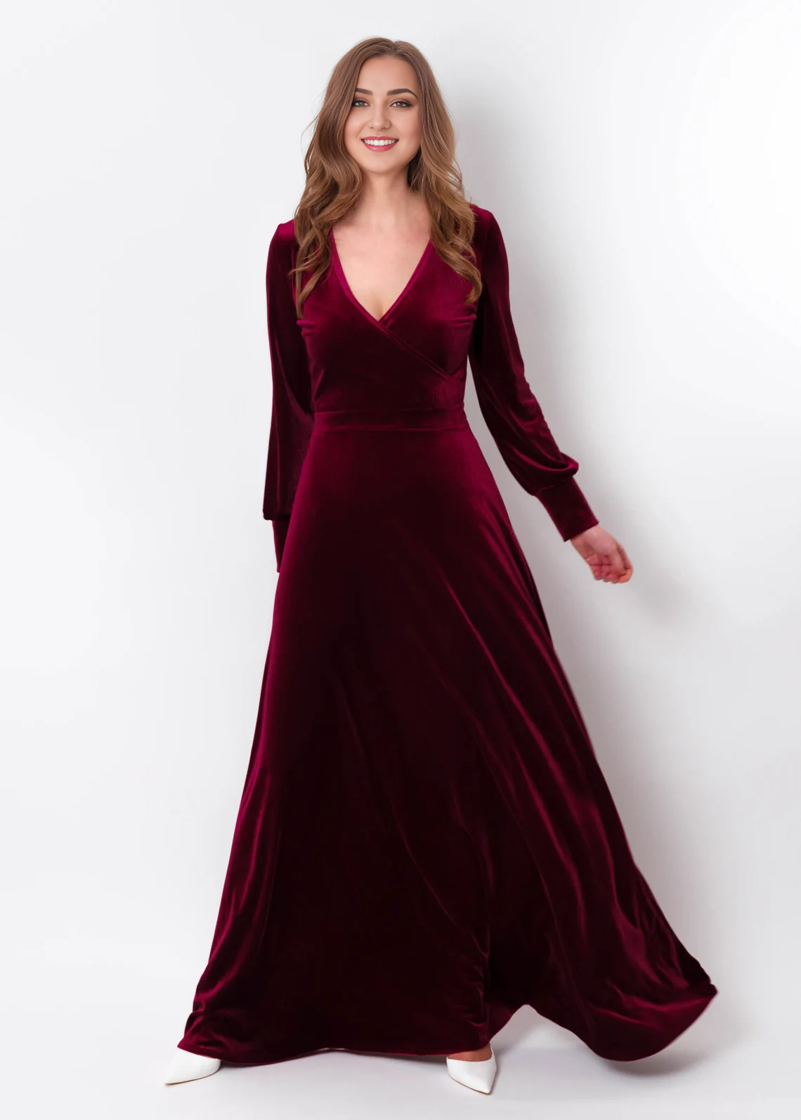 Burgundy Winter Velvet Long Dress Long Sleeves Bridesmaid Dress Wedding Guest Dress