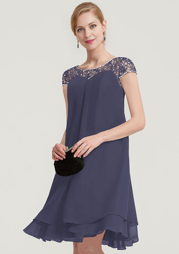 A-line/Princess Bateau Short Sleeve Knee-Length Chiffon Mother of the Bride Dress With Beading Ruffles