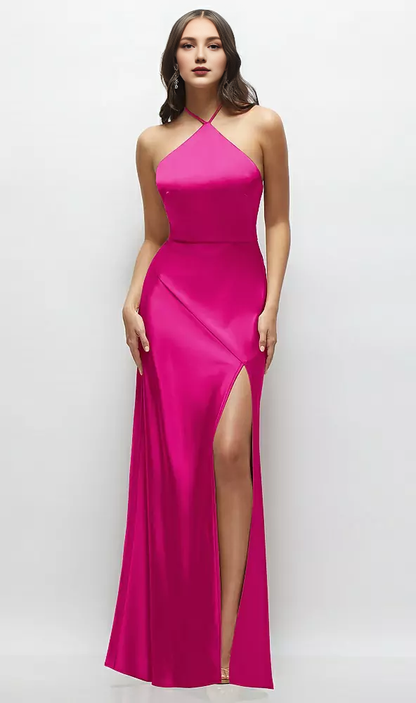 High Halter Tie-Strap Open-Back Satin Maxi Dress Long Bridesmaid Dresses