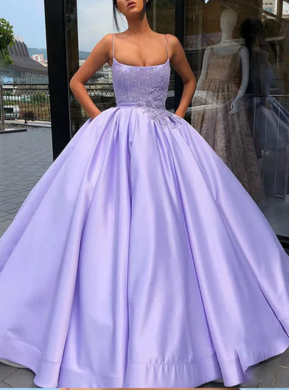 Quinceanera Dress Lavender Ball Gown Spaghetti Straps Satin Dress With Pocket