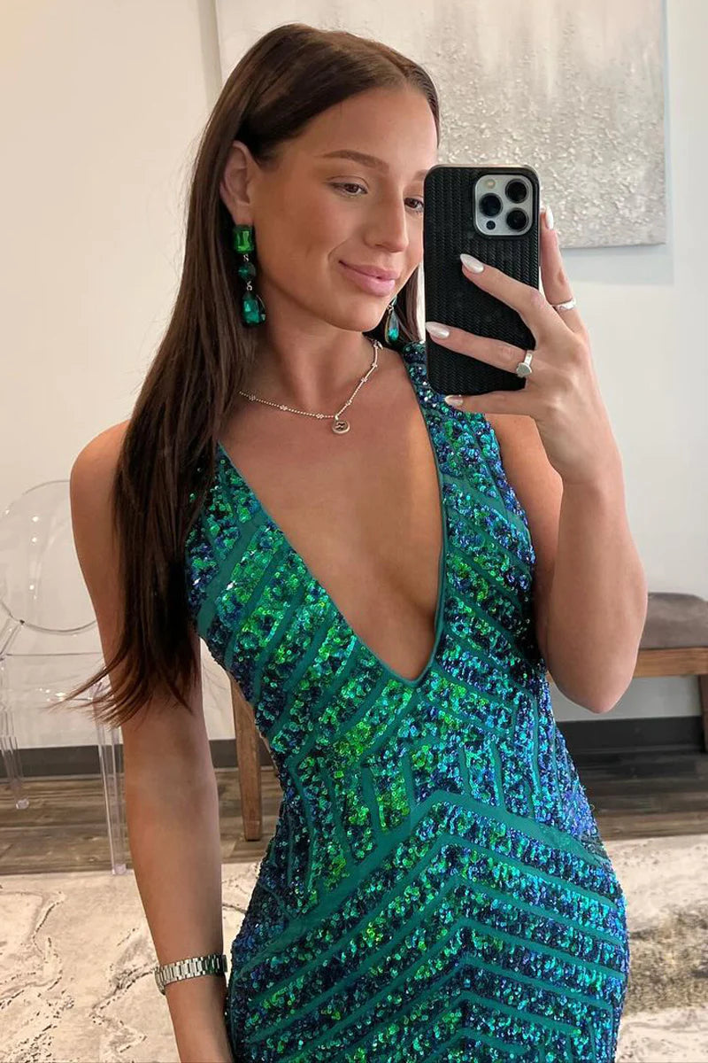 Dark Green Sequin Plunge V Mermaid Long Prom Dress