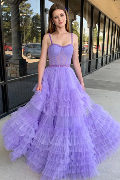 Lilac Sweetheart Ruffle Tulle A-Line Long Prom Dresses with Beading