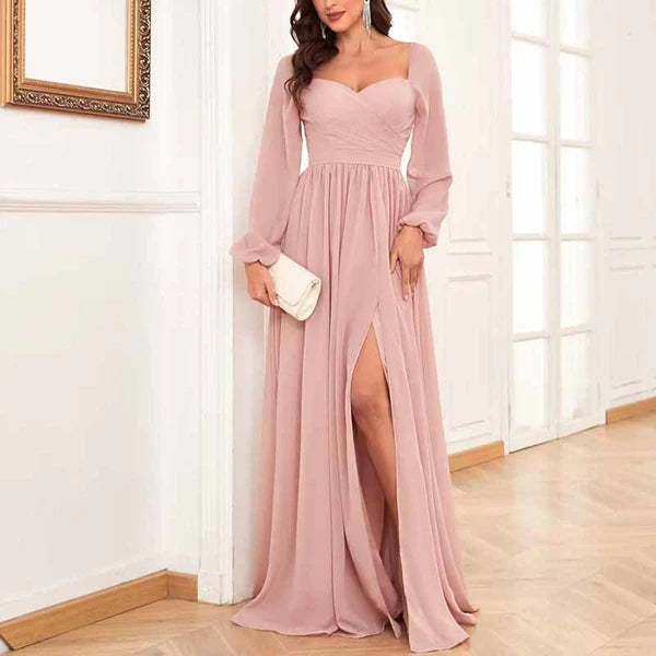 Long Sleeve Bridesmaid Dresses Pleated Chiffon Evening Dresses with Slit