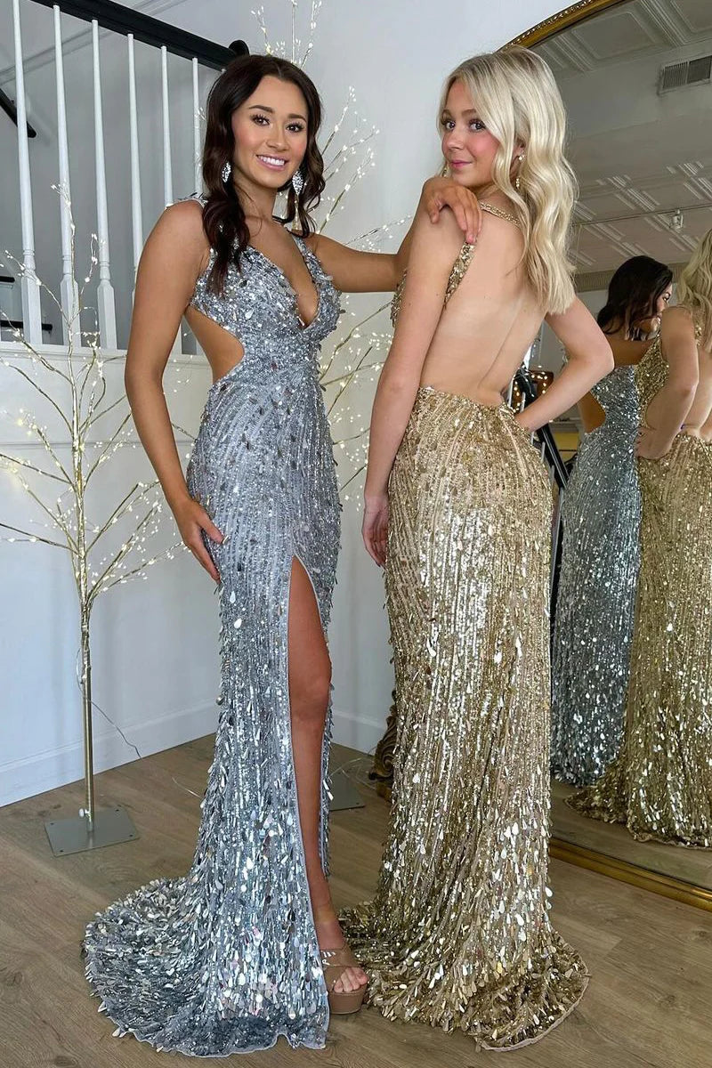 Gold Sequins Mermaid Long Prom Dresses with Slit